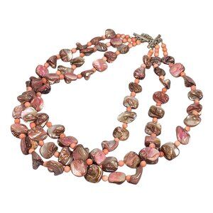 Salmon Coral MOP Necklace 18” Sterling Silver 925 Layered Choker Summer Party